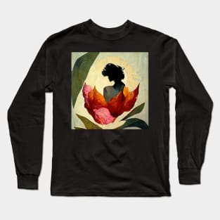 Contemporary painting. Peony flower, sun, leaf, woman, love,gift Long Sleeve T-Shirt